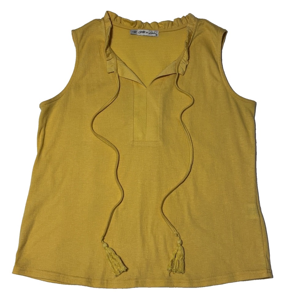 All in Love Women's Sleeveless Top S Yellow Tassel Tie Neck Ruffle Trim Casual